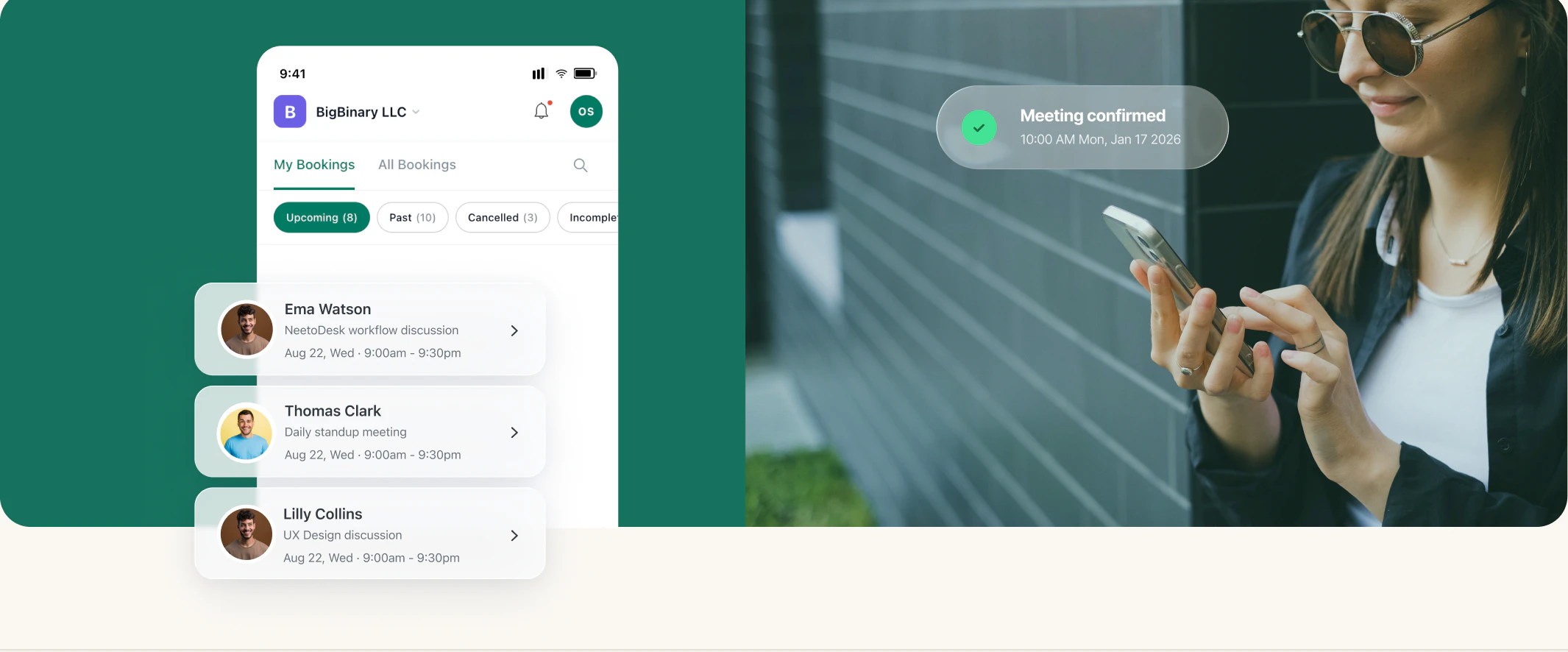 The NeetoCal mobile app listing upcoming bookings, beside a woman reading a meeting confirmation on her phone