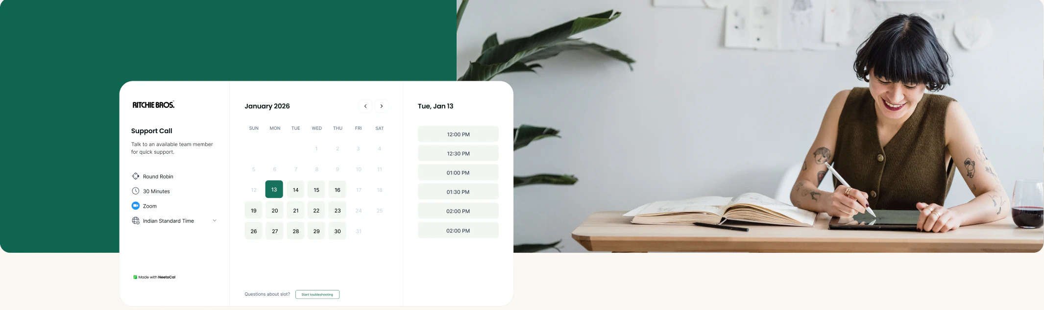 A NeetoCal booking page with a calendar and open time slots, beside a woman sketching at her desk