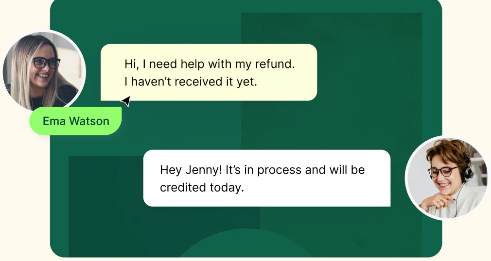 A NeetoChat conversation where an agent tells a customer their refund will be credited today
