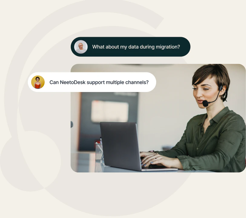 A support agent at her laptop answering customer questions about data migration and multiple channels