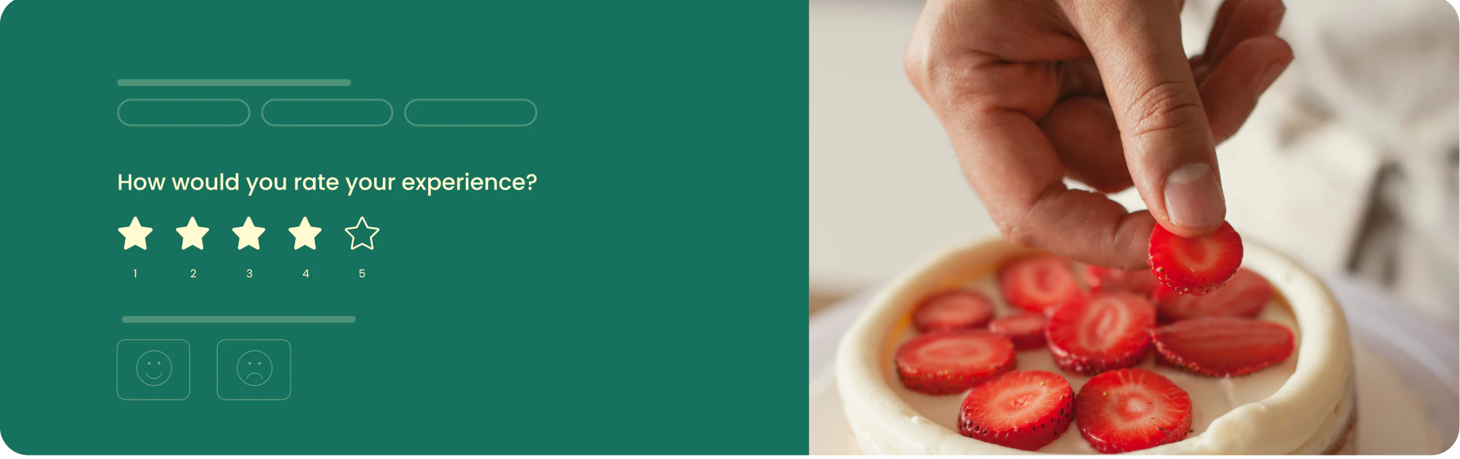 A NeetoForm star-rating question beside a baker topping a cake with strawberries