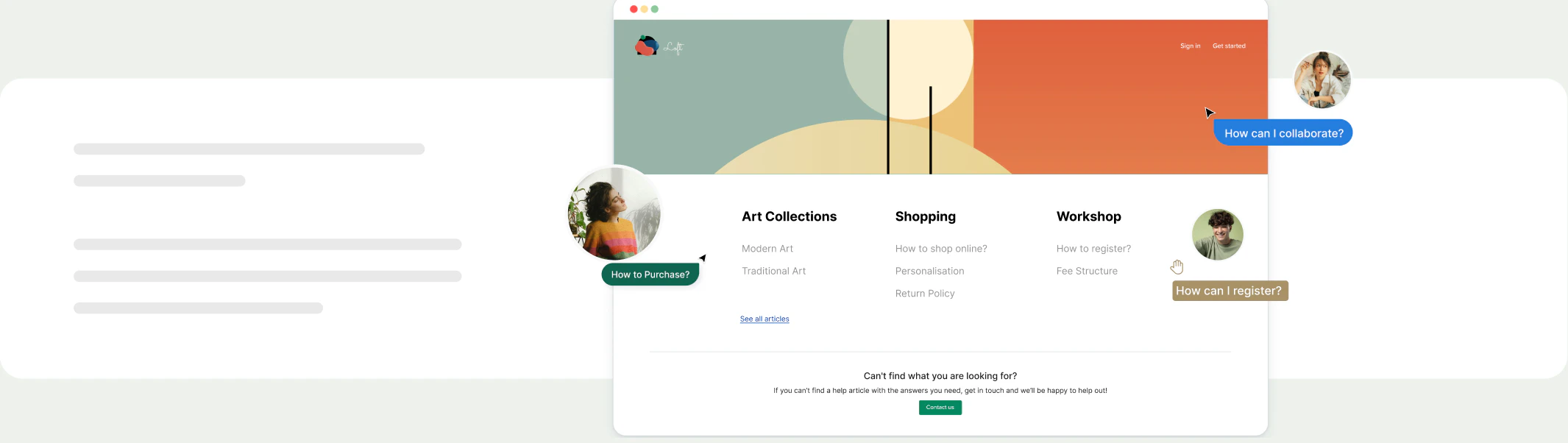 A NeetoKB help center with article categories, and visitors asking how to purchase, register and collaborate