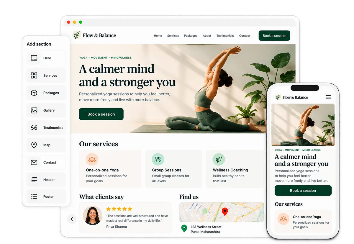 A yoga studio's website made with a NeetoCal Intro page, shown on desktop and mobile, next to the list of sections you can add