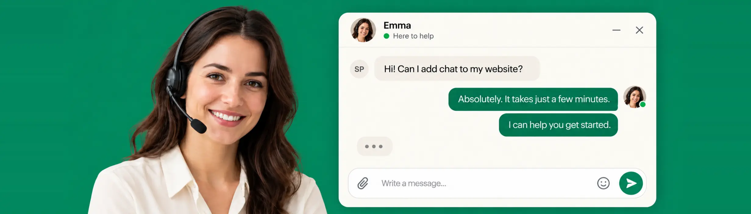 A smiling support agent in a headset beside a NeetoChat chat window, where a visitor asks if they can add chat to their website and Emma replies that it takes just a few minutes.
