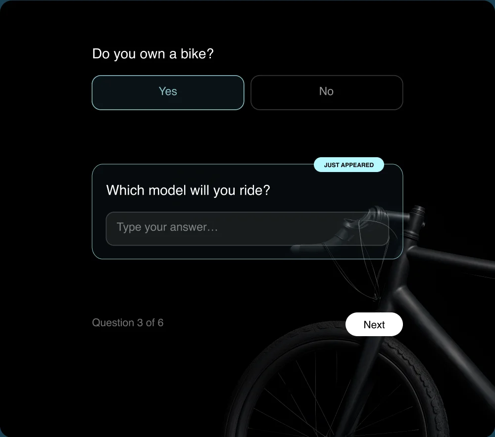 A form where answering Yes to owning a bike makes a follow-up question appear