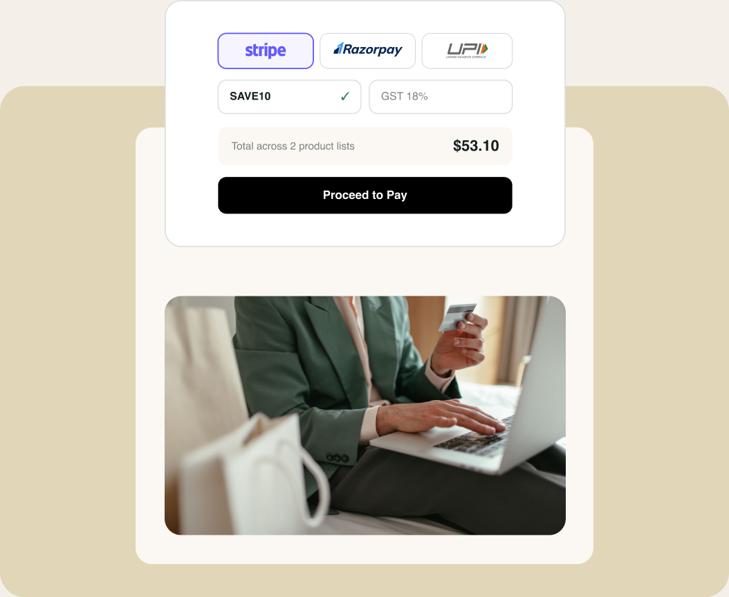 A form checkout with Stripe, Razorpay and UPI, a discount code, GST and the total across two product lists