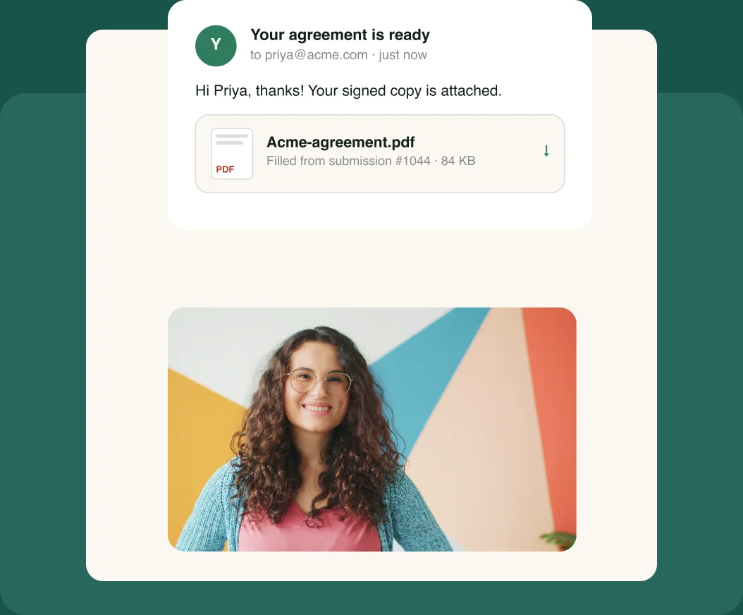 An email with a signed agreement PDF filled in from a form submission
