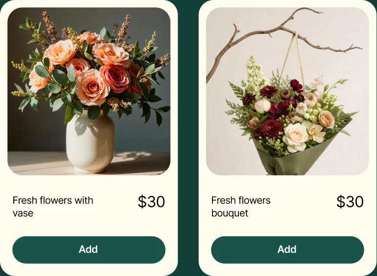Two flower bouquets listed in a form, each with a price and an Add button