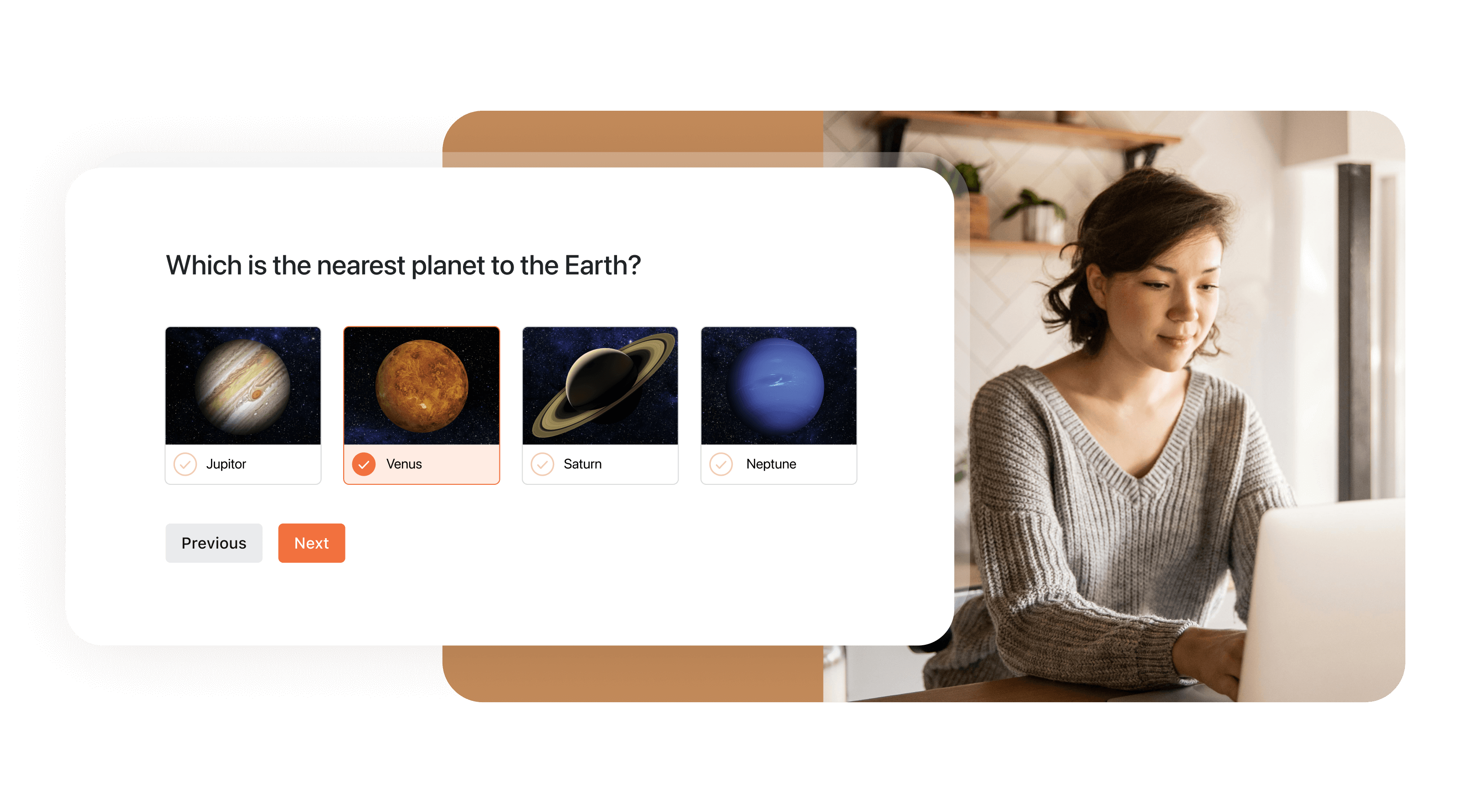 A NeetoQuiz question with picture answers, beside a woman taking the quiz on her laptop
