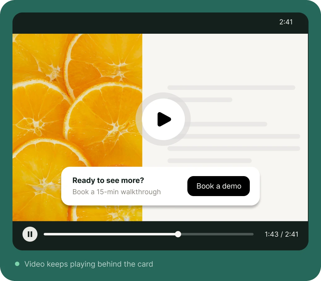 A call-to-action card offering a demo booking over a playing recording